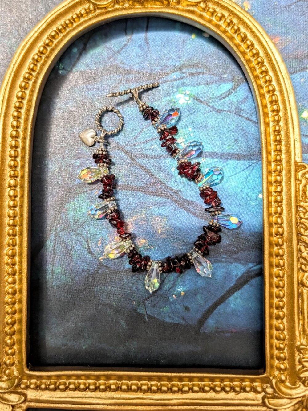 Vintage Garnet Red Stone & Crystal Bead Bracelet with Heart Charm